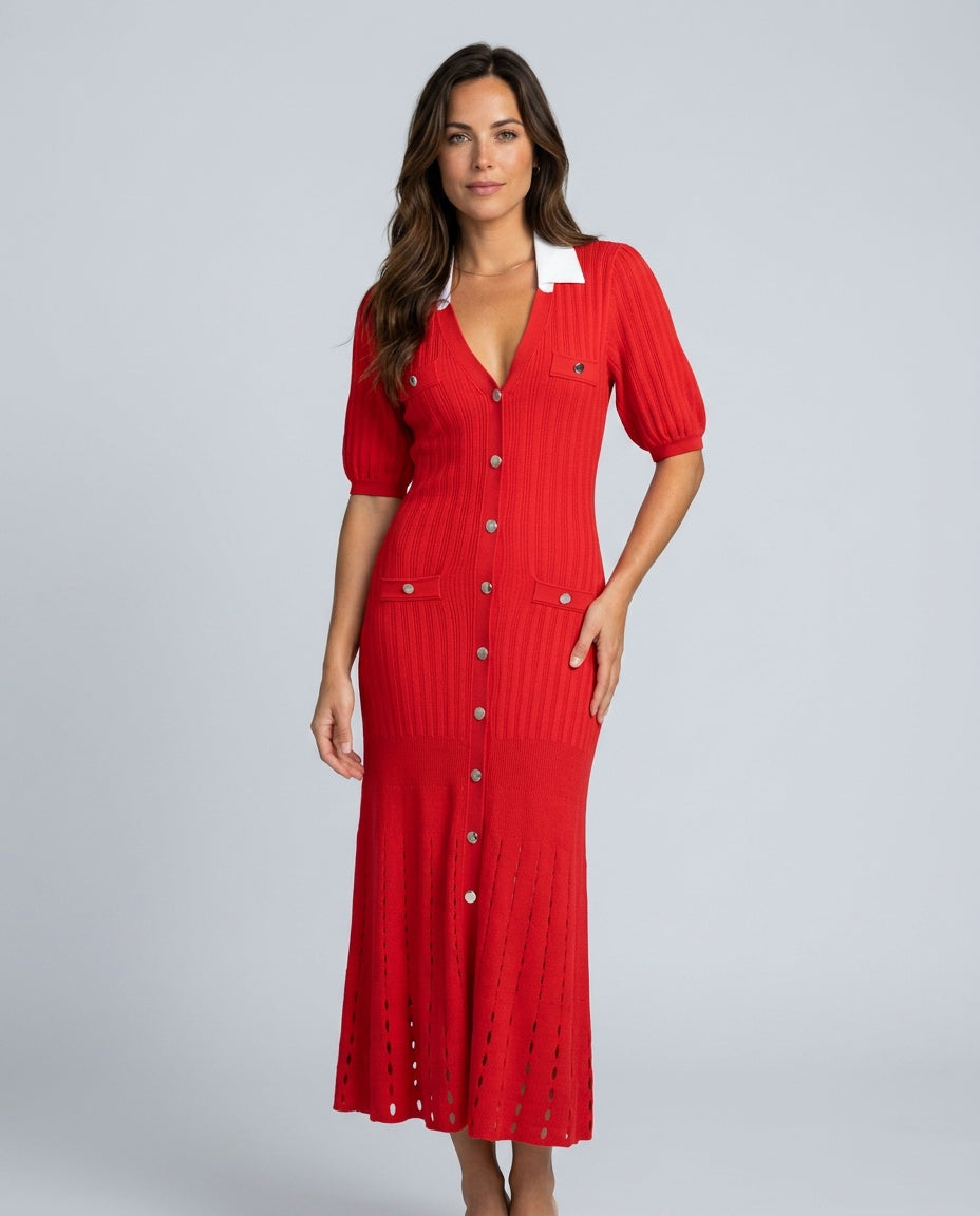 Ines | Perforated Short Sleeve Knit Midi Dress