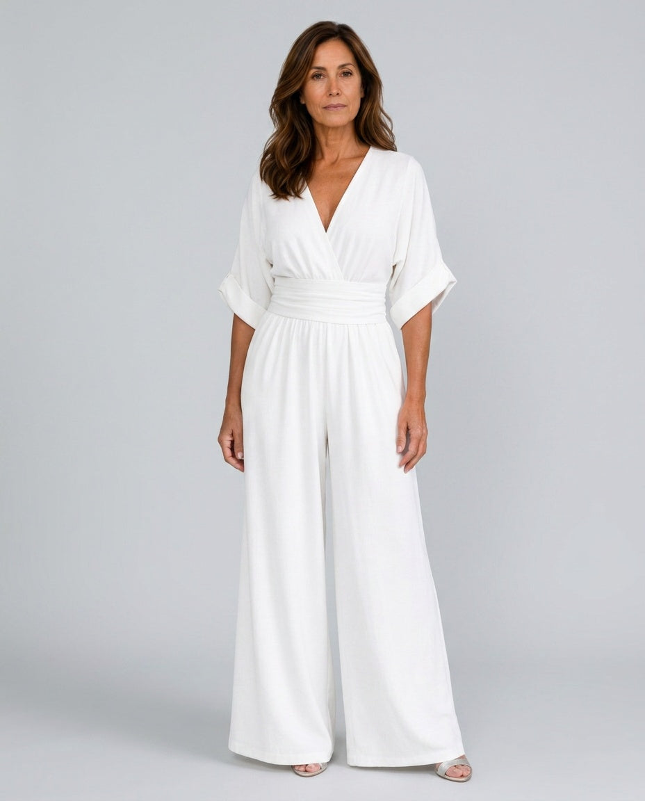 Elin | Draped V-Neck Wide Leg Relaxed Jumpsuit