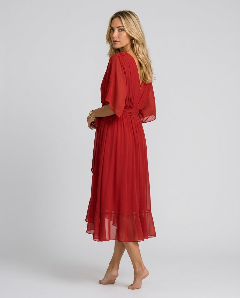 Daniela | Belted V-Neck Chiffon-Look Midi Dress