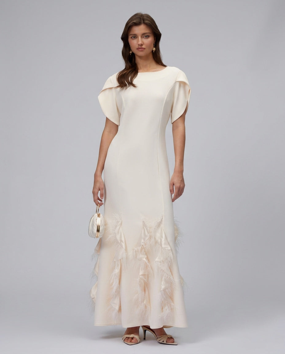 Annika | Ruffled Feather Trim Maxi Dress