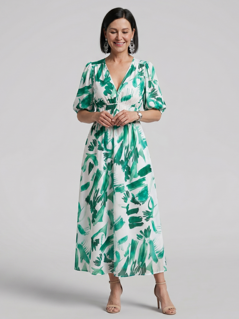 Coralie | Puff Sleeve V-Neck Abstract Print Midi Dress