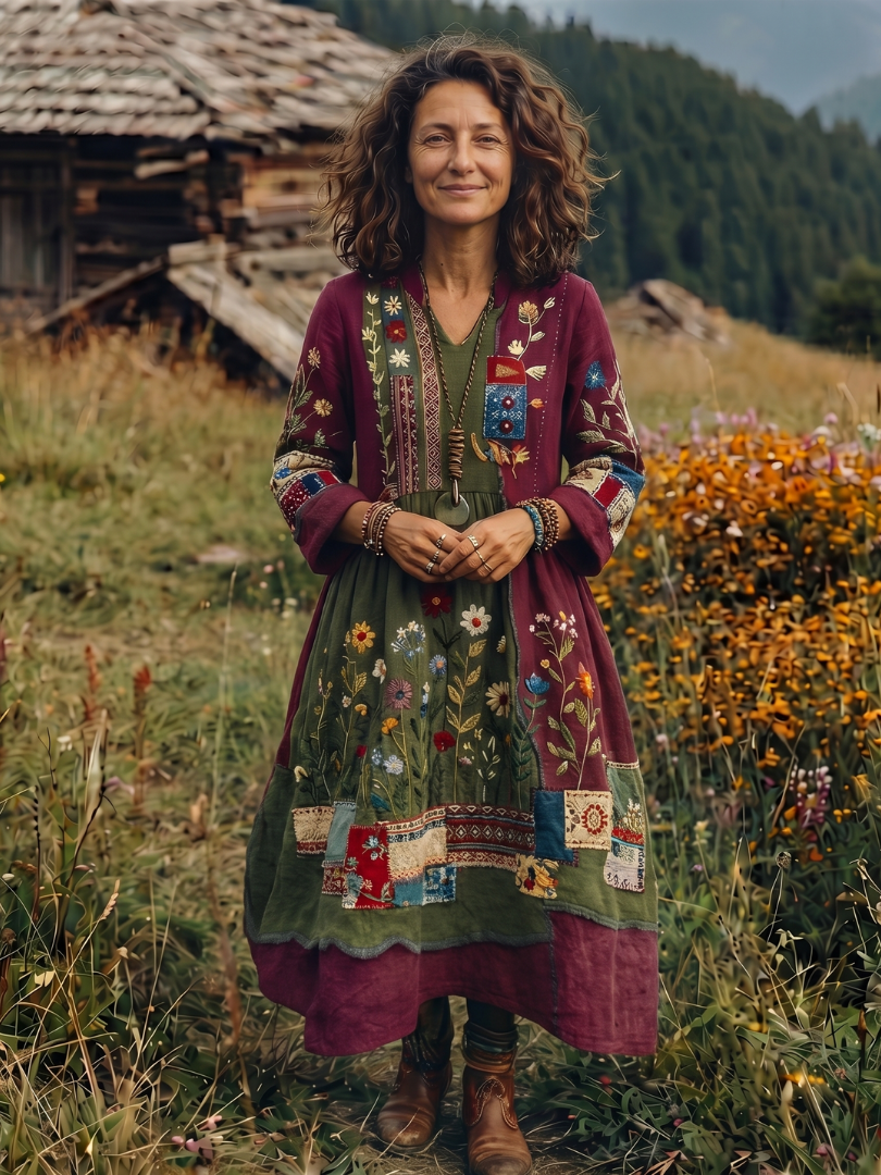 Wren | Embroidered Panel Long Sleeve Midi Dress
