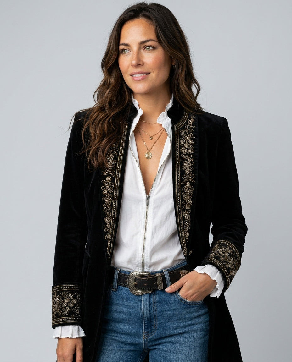 Kira | Embroidered Longline Jacket with Layered Cuffs