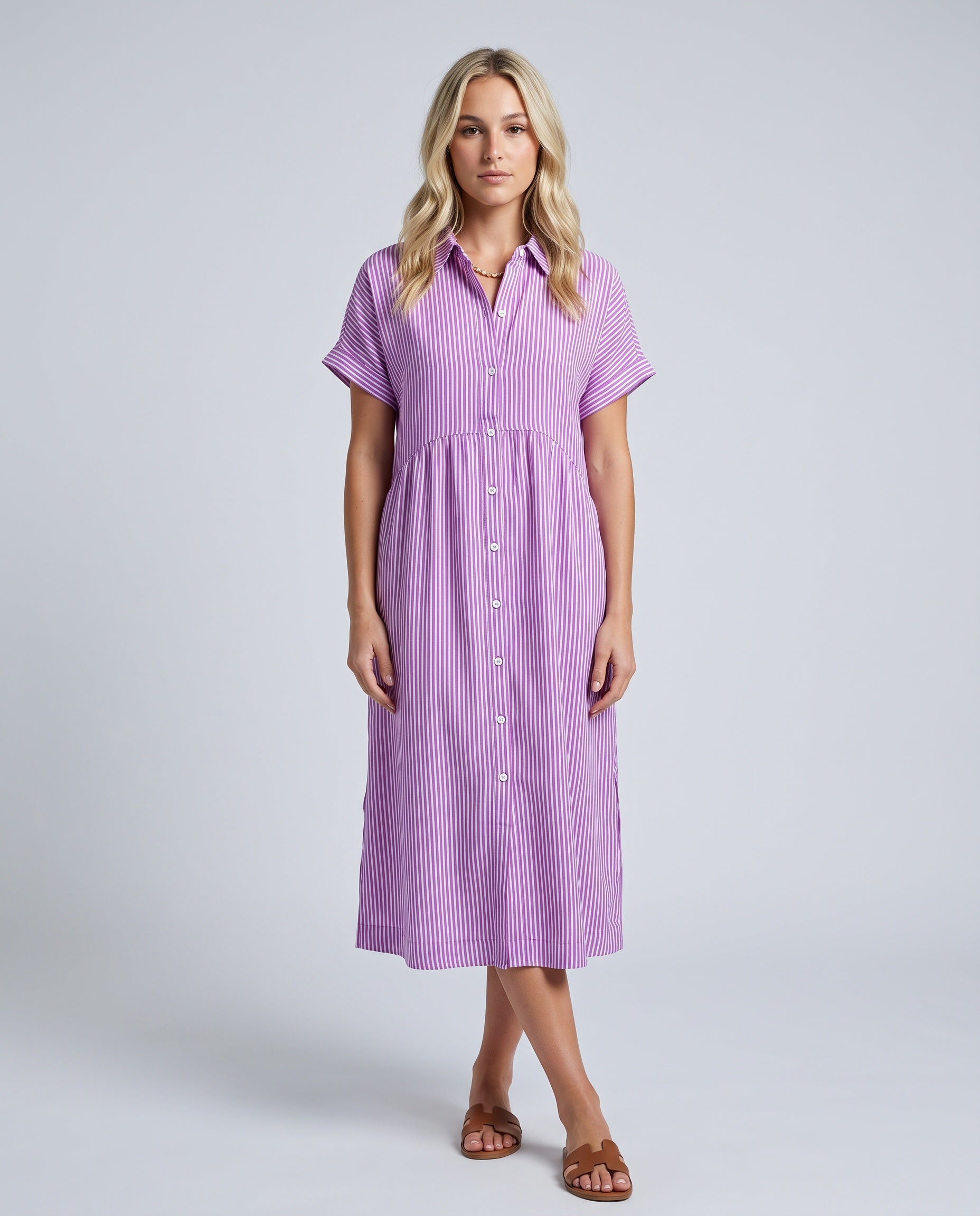 Riley | Striped Button-Up Midi Shirt Dress