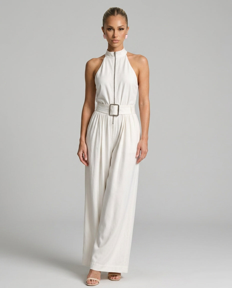 Stellara | Belted High Neck Sleeveless Wide Leg Jumpsuit