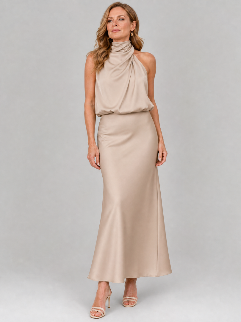 Helena | Sleeveless Draped Neck Midi Dress