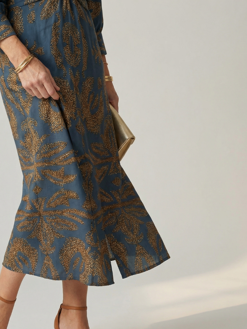 Delphine | Wrap Midi Dress in Natural Print