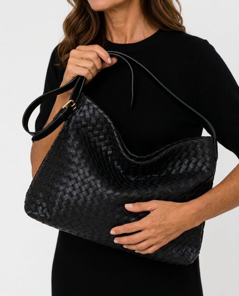 Woven Vegan Leather Structured Tote Bag