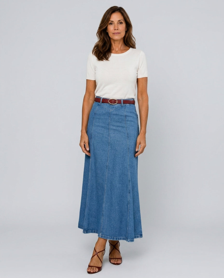 Vera | High Waist A-Line Panel Denim Maxi Skirt