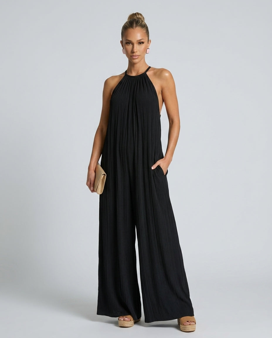 Sylvara | Pleated Halter Neck Wide Leg Jumpsuit