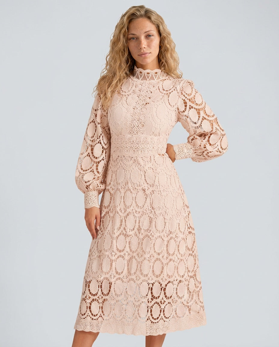 Imogen | Long Sleeve Lace Midi Dress with High Collar
