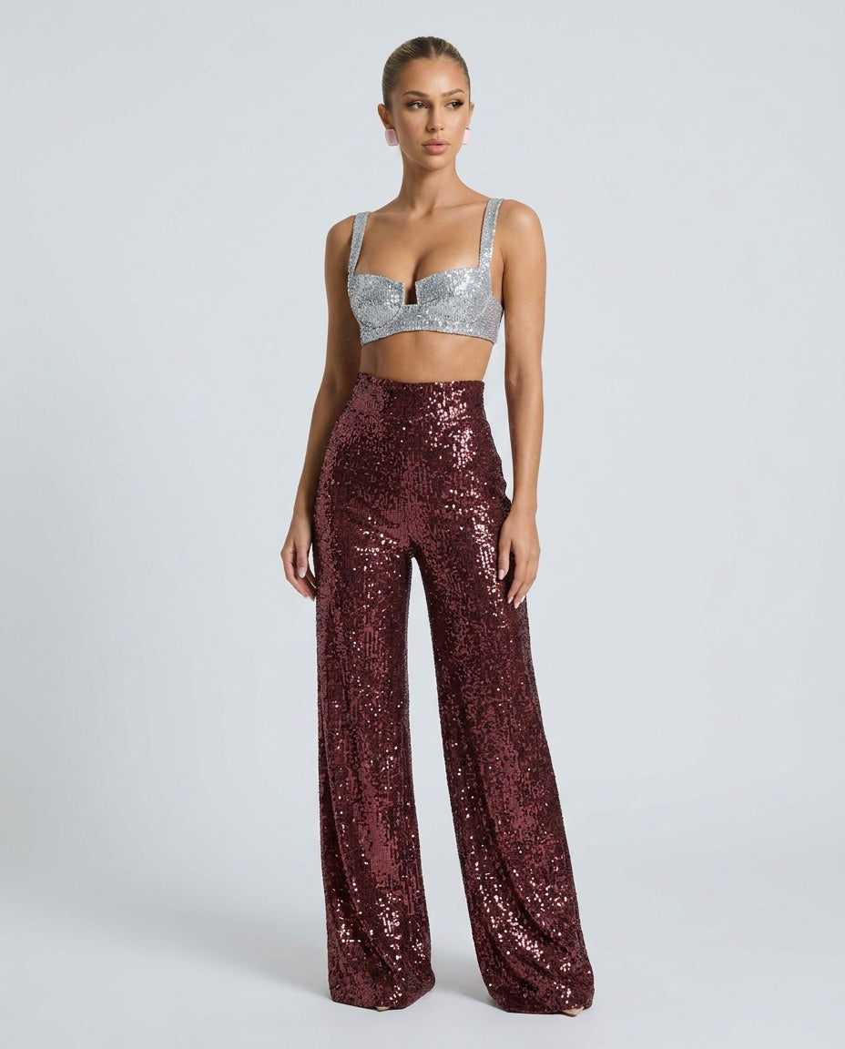 Aubrey | High Waist Glitter Wide Leg Trousers
