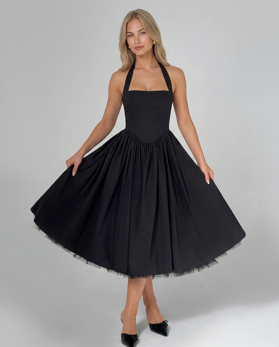 Nicole | Halter Neck Full Skirt Midi Dress