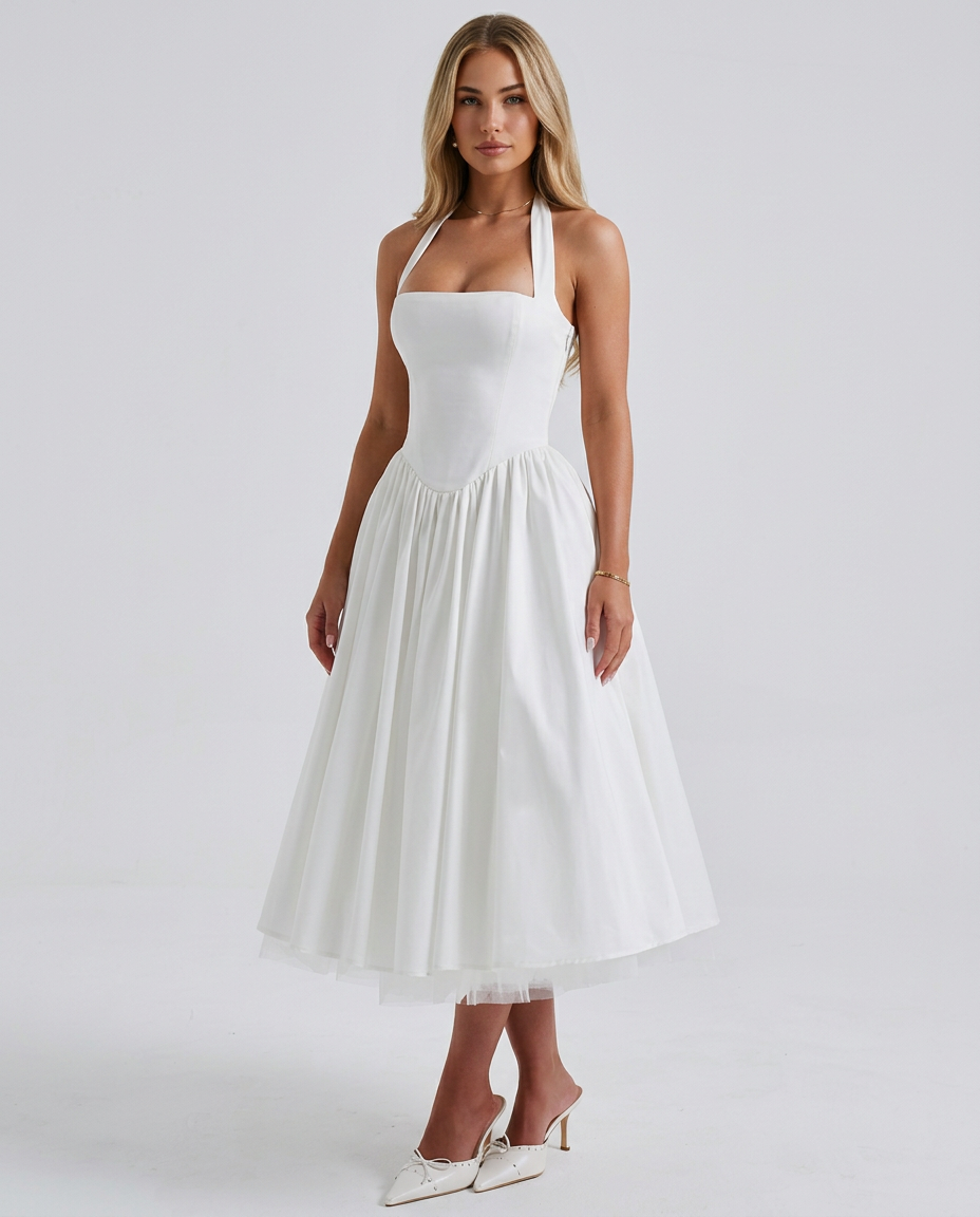 Nicole | Halter Neck Full Skirt Midi Dress