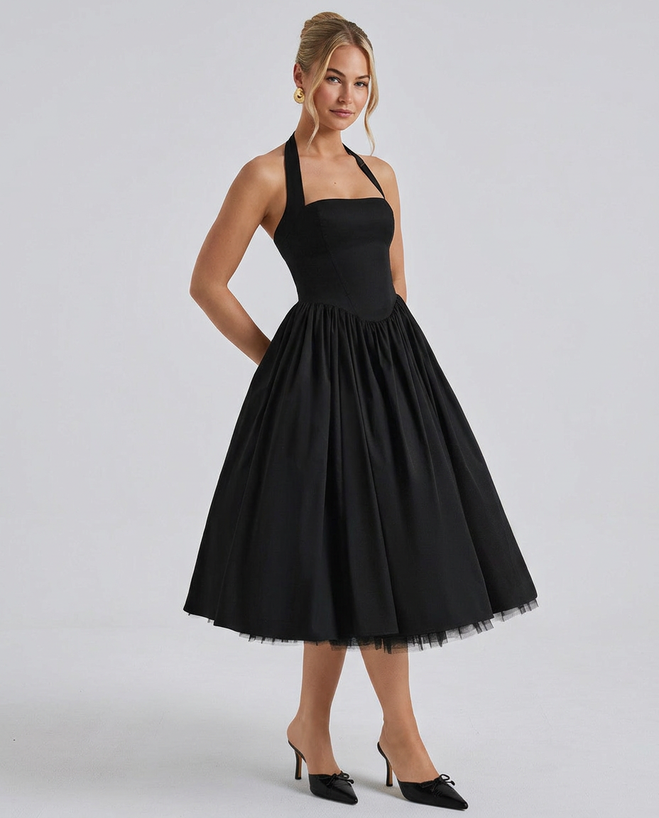 Nicole | Halter Neck Full Skirt Midi Dress