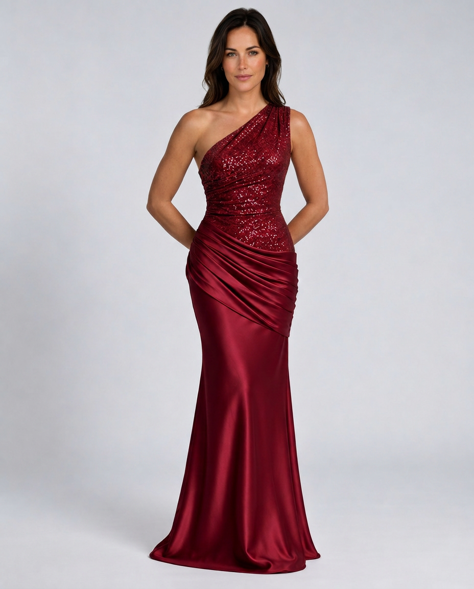 Imogen | One Shoulder Glitter Draped Satin Maxi Dress