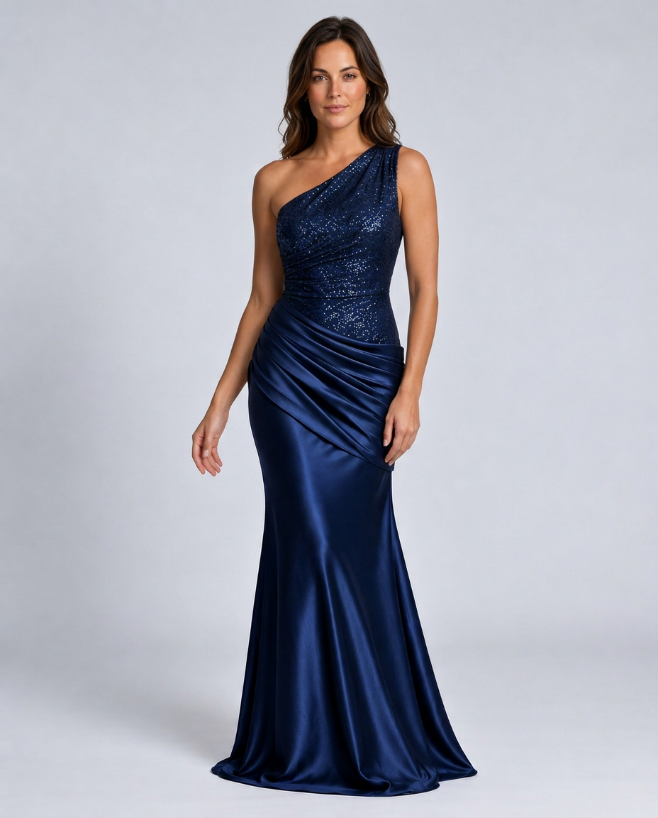 Imogen | One Shoulder Glitter Draped Satin Maxi Dress