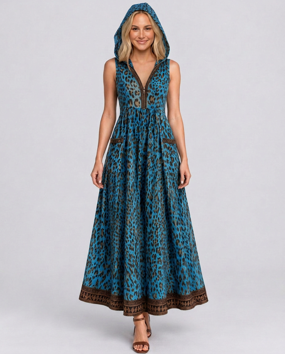 Lena | Hooded Leopard Print Maxi Dress with Front Zip