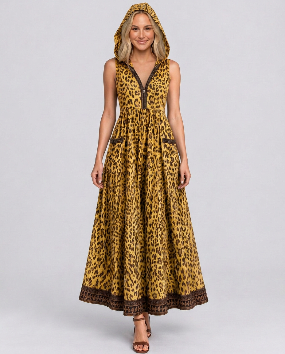 Lena | Hooded Leopard Print Maxi Dress with Front Zip