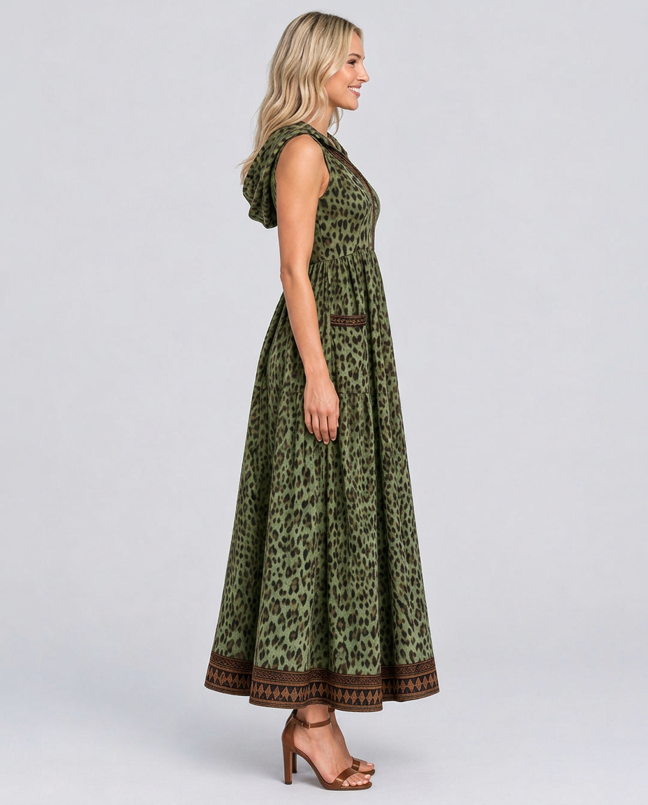 Lena | Hooded Leopard Print Maxi Dress with Front Zip