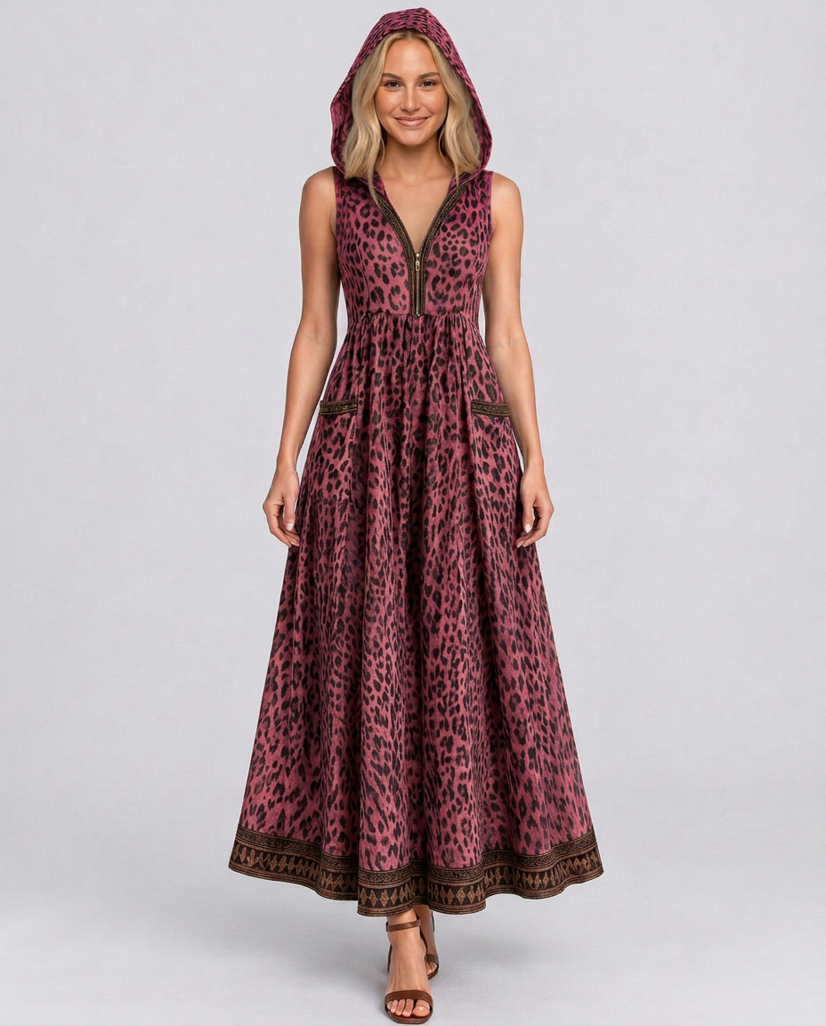 Lena | Hooded Leopard Print Maxi Dress with Front Zip