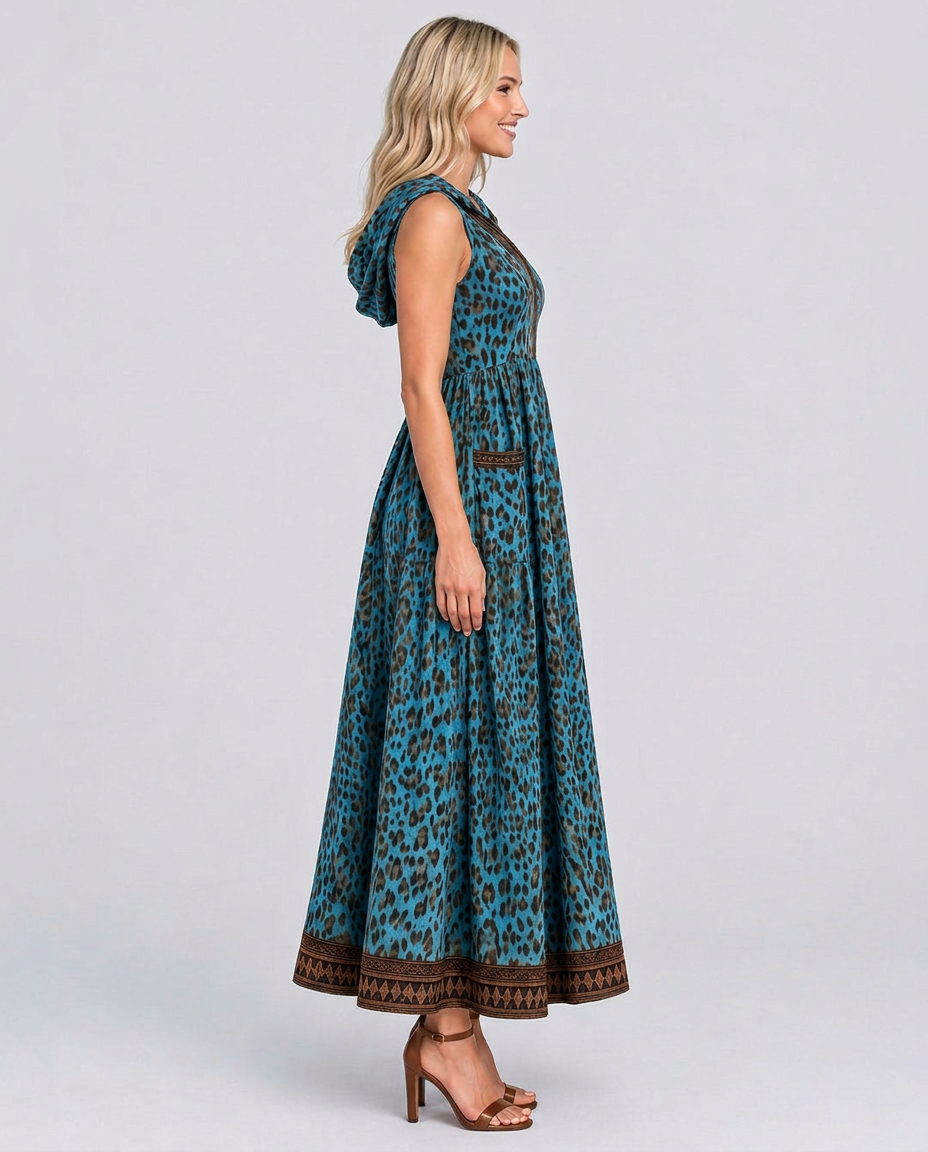 Lena | Hooded Leopard Print Maxi Dress with Front Zip