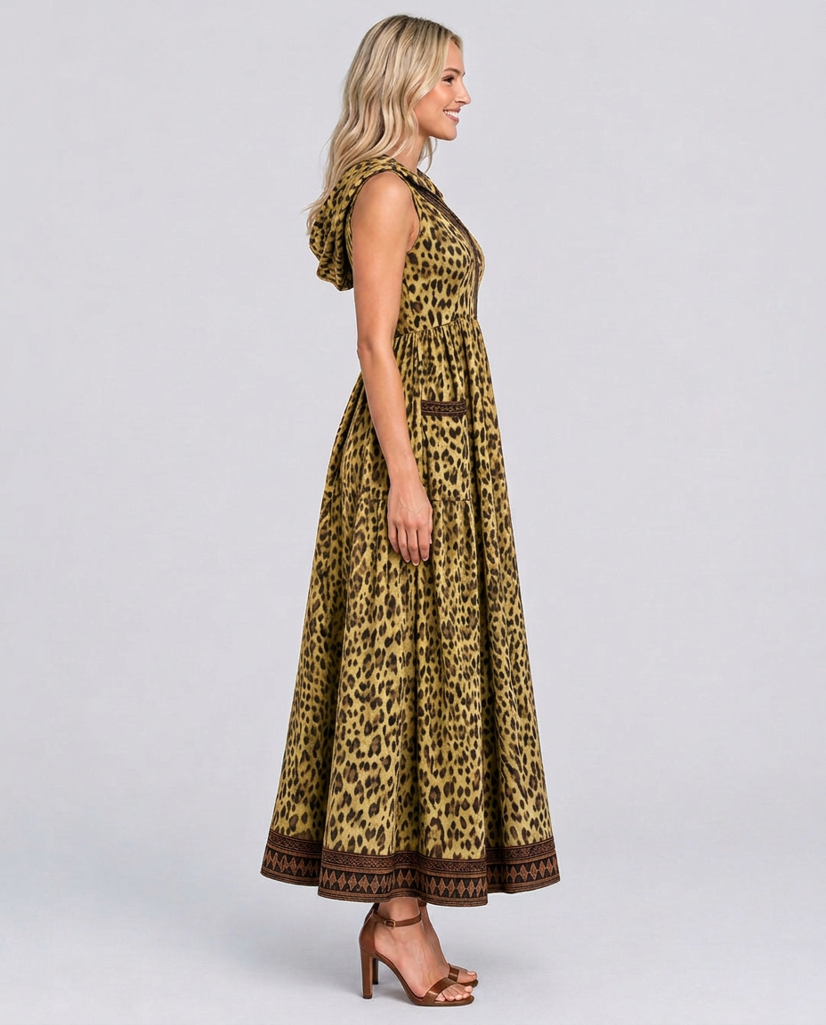Lena | Hooded Leopard Print Maxi Dress with Front Zip