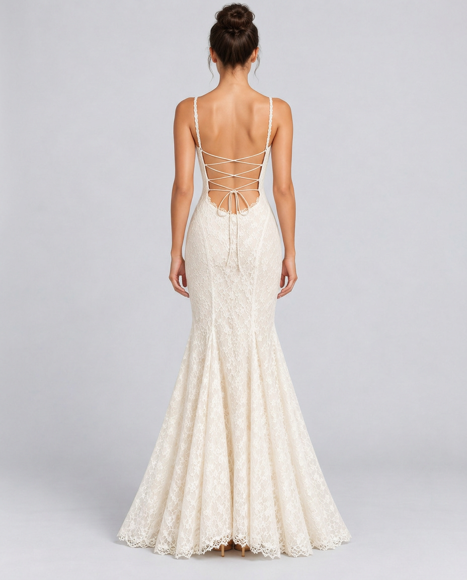 Grace | Lace Fishtail Maxi Dress with Lace-Up Back