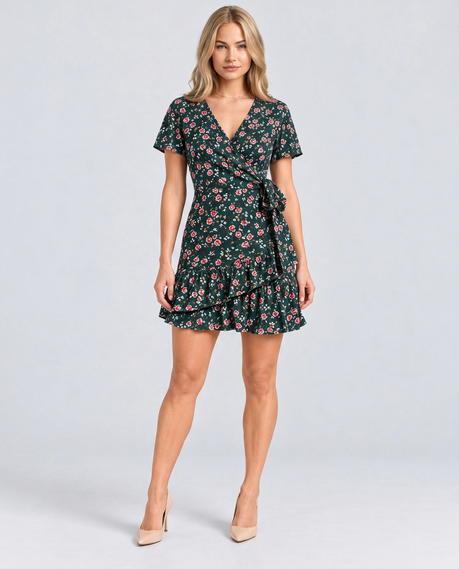 Kimberly | Floral Wrap Mini Dress with Ruffle Hem