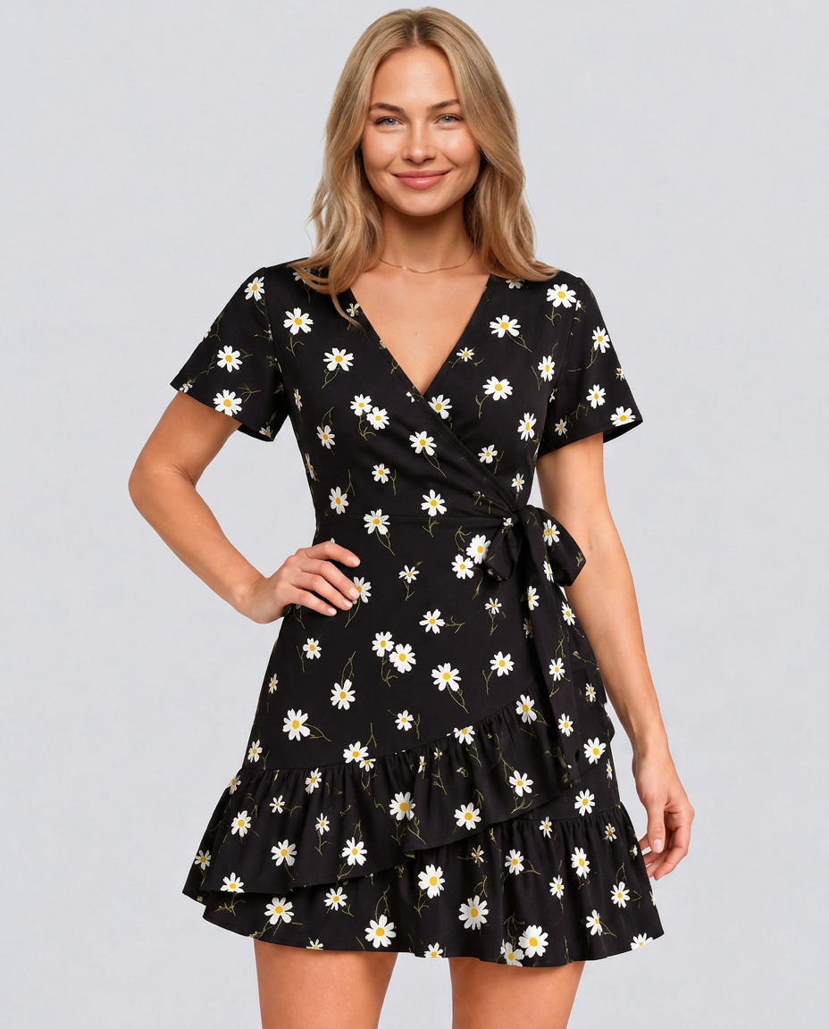 Kimberly | Floral Wrap Mini Dress with Ruffle Hem