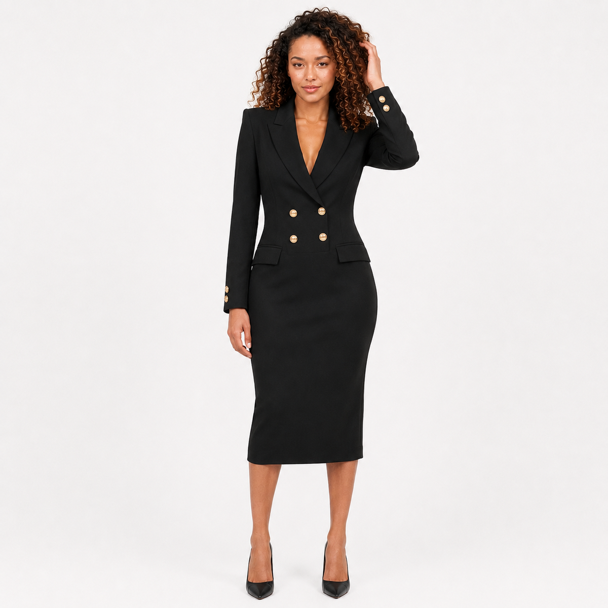 Ada | Double-Breasted V-Neck Midi Dress