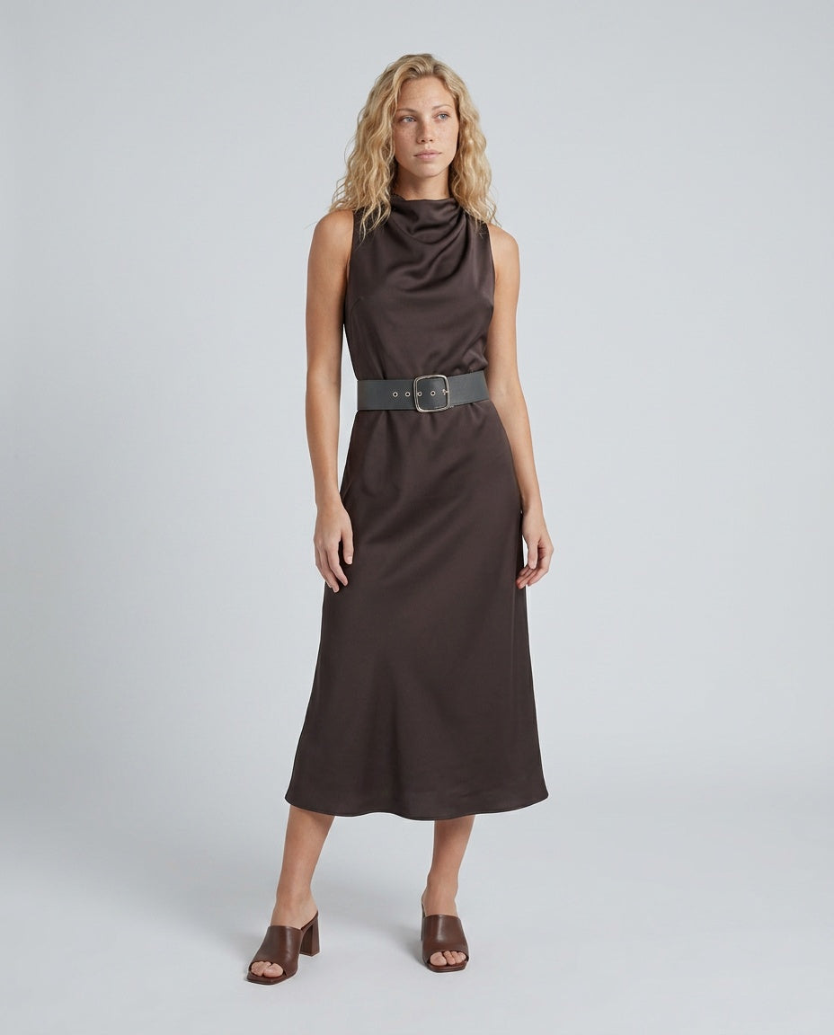 Women's Cowl Neck Satin-Look Midi Dress