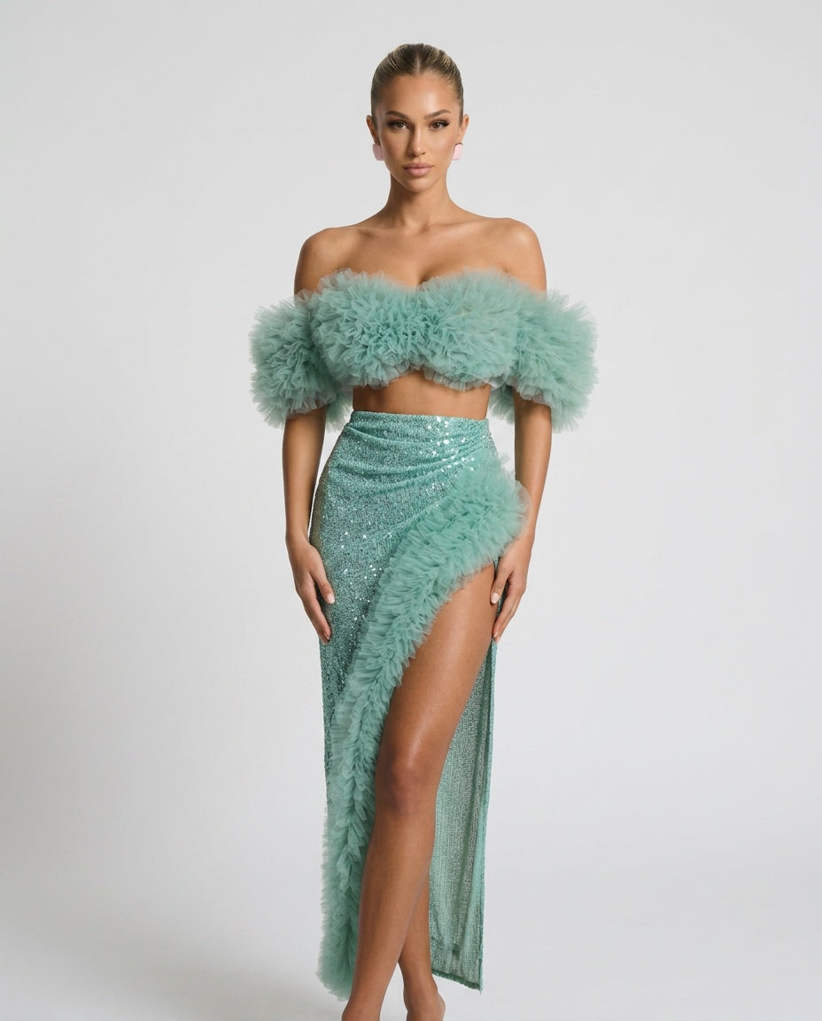 Kira | Corset Tulle Trimmed Sequin Skirt Set