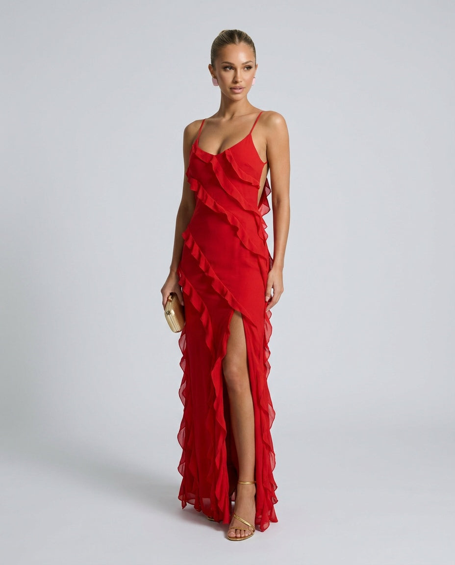 Coralie | Sleeveless Ruffle Side Slit Maxi Dress