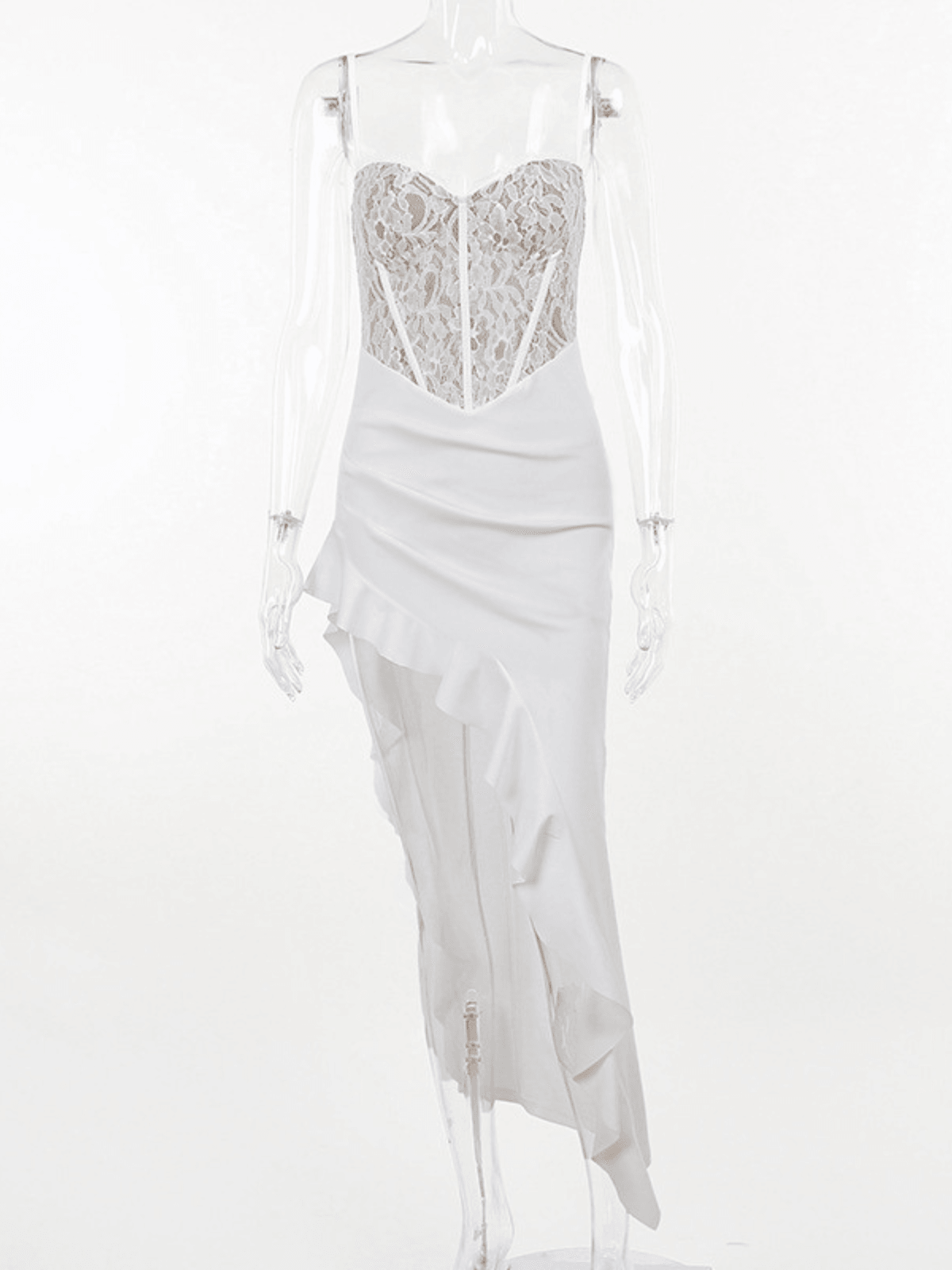 Séline | Lace Asymmetric Ruffle Midi Dress
