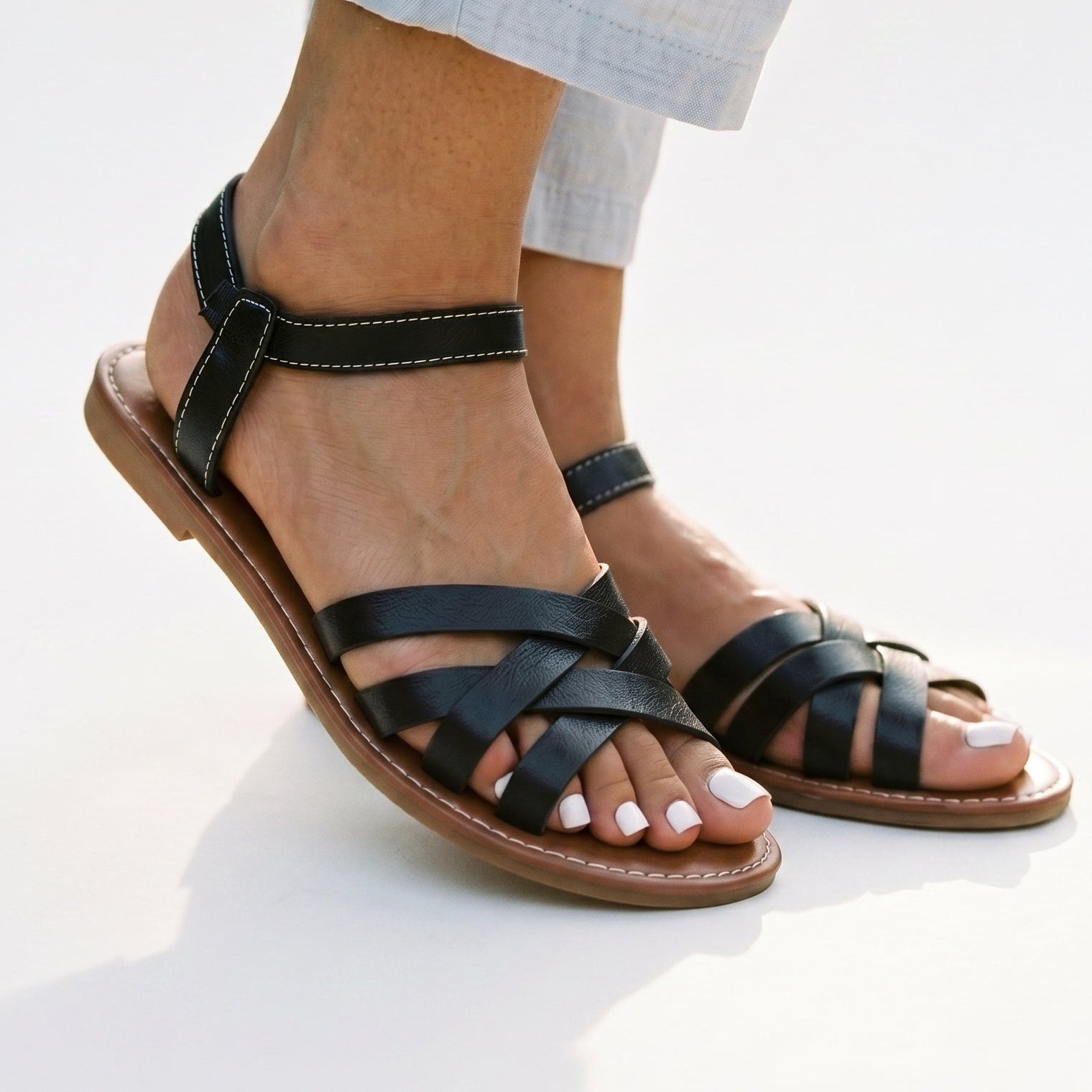 Mira | Black Strappy Flat Sandals