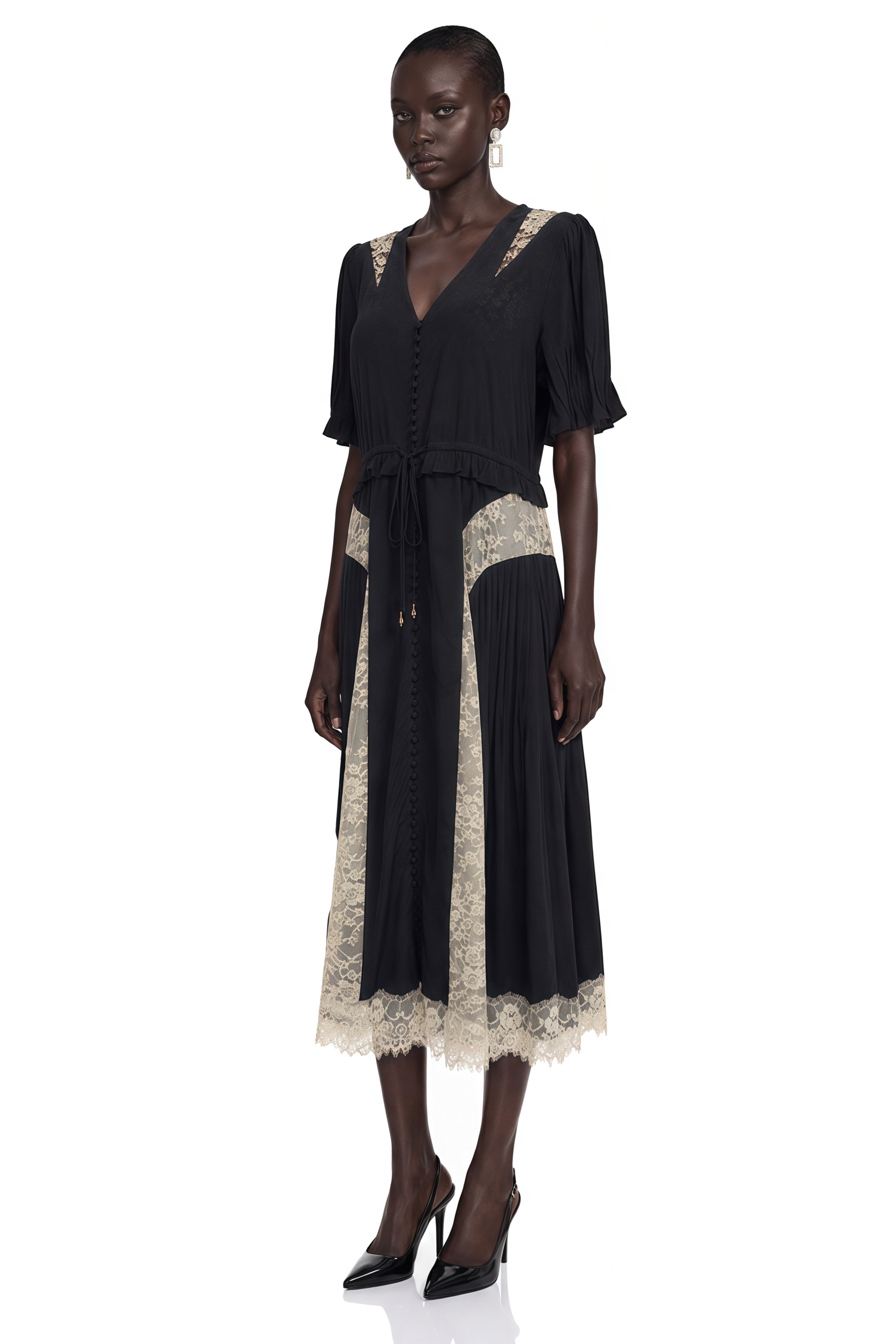 Florencia | V-Neck Contrast Lace Panel Midi Dress