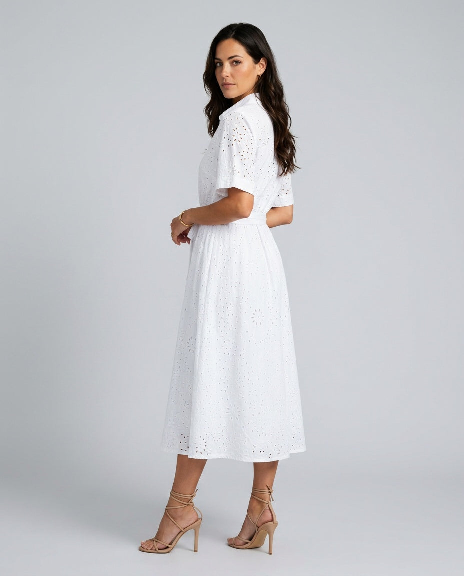 Josie | Short Sleeve Button-Front Waist-Tie Midi Dress