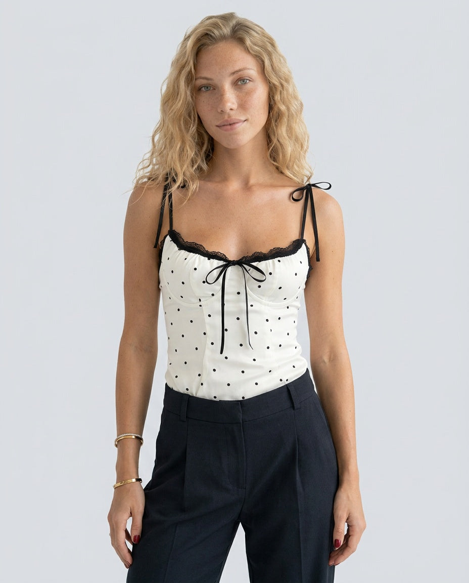 Billie | Polka Dot Lace Trim Cropped Corset Top
