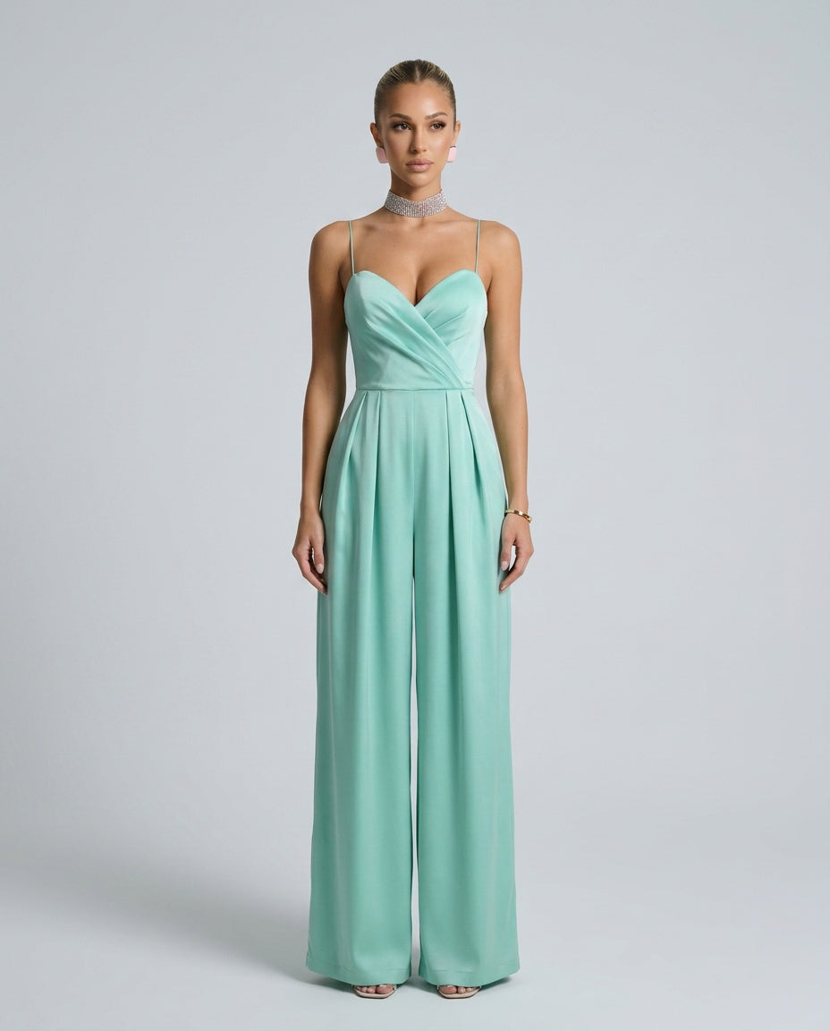 Esme | Wrap Front Satin-Look Wide Leg Jumpsuit