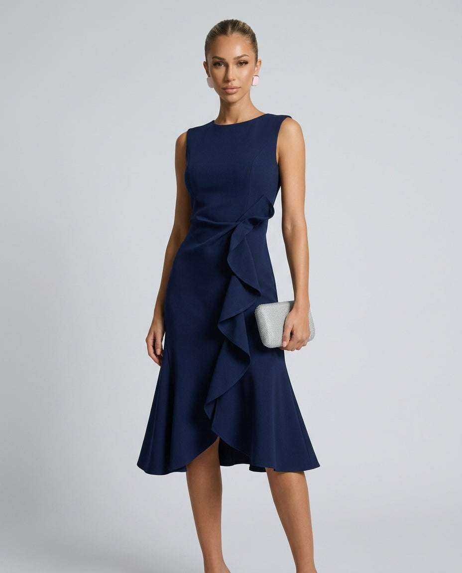 Thea | Sleeveless Draped Asymmetric Midi Dress
