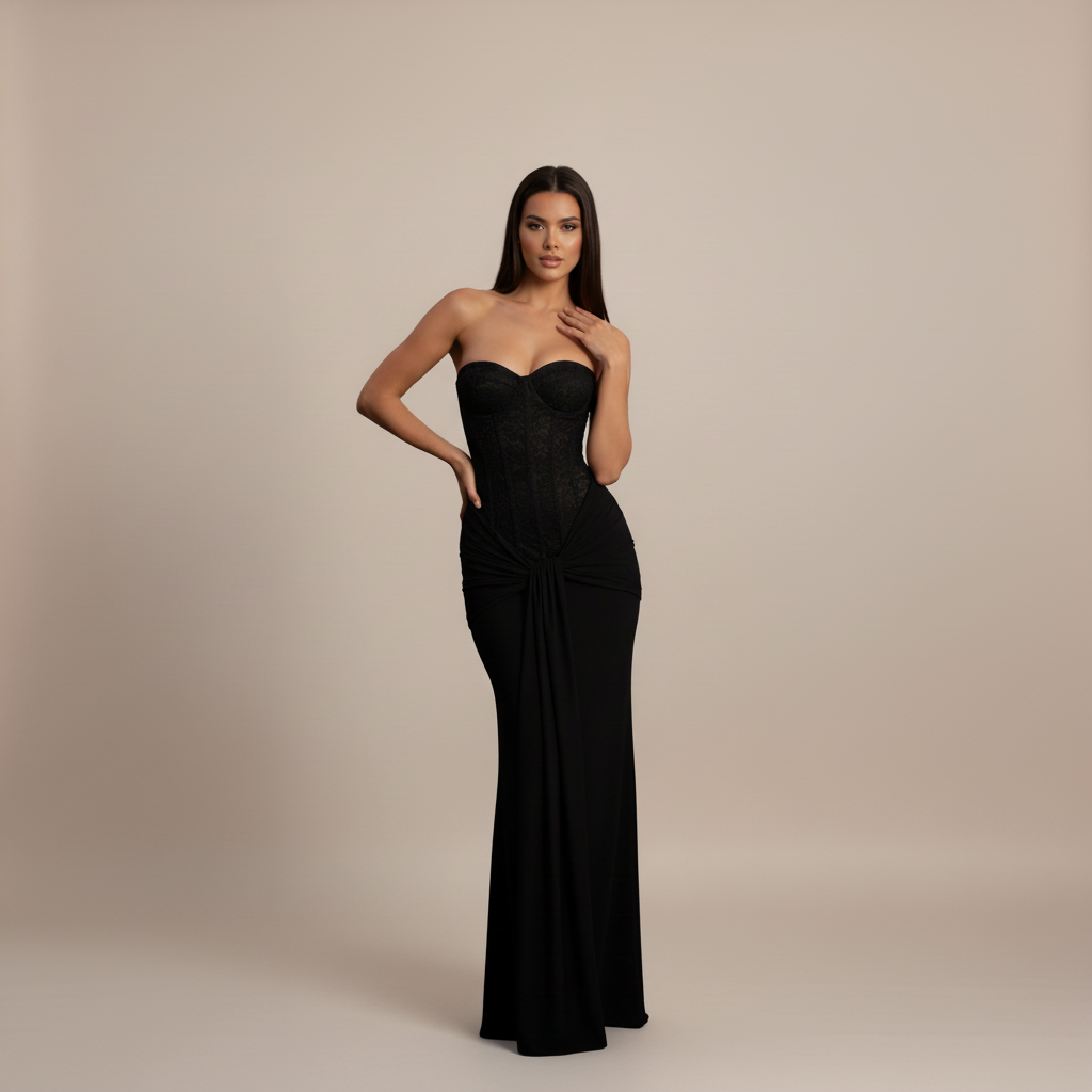 Ines | Off-Shoulder Strapless Black Tie Maxi Dress