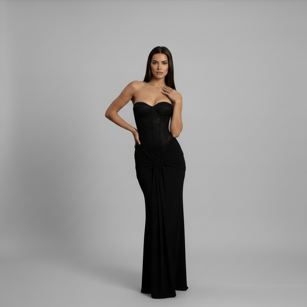 Ines | Off-Shoulder Strapless Black Tie Maxi Dress