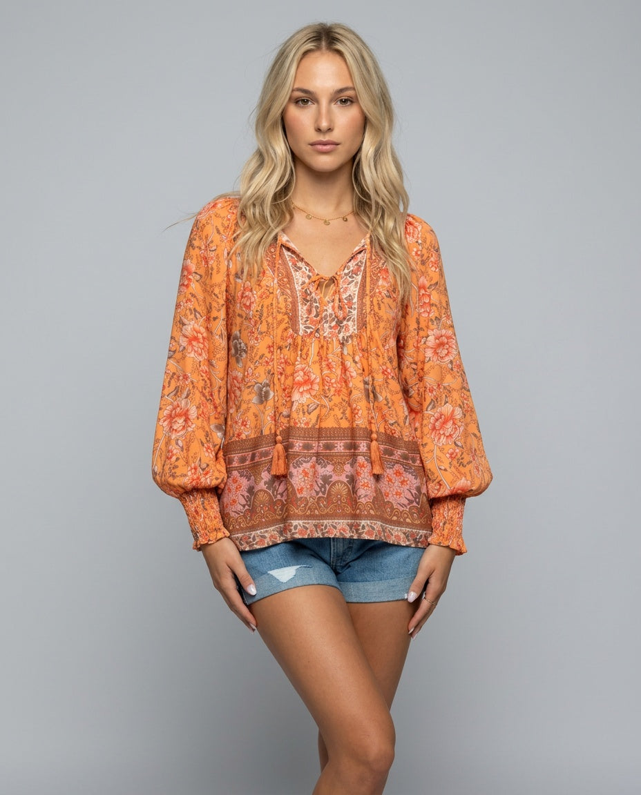 Clara | Floral Print V-Neck Long Sleeve Blouse