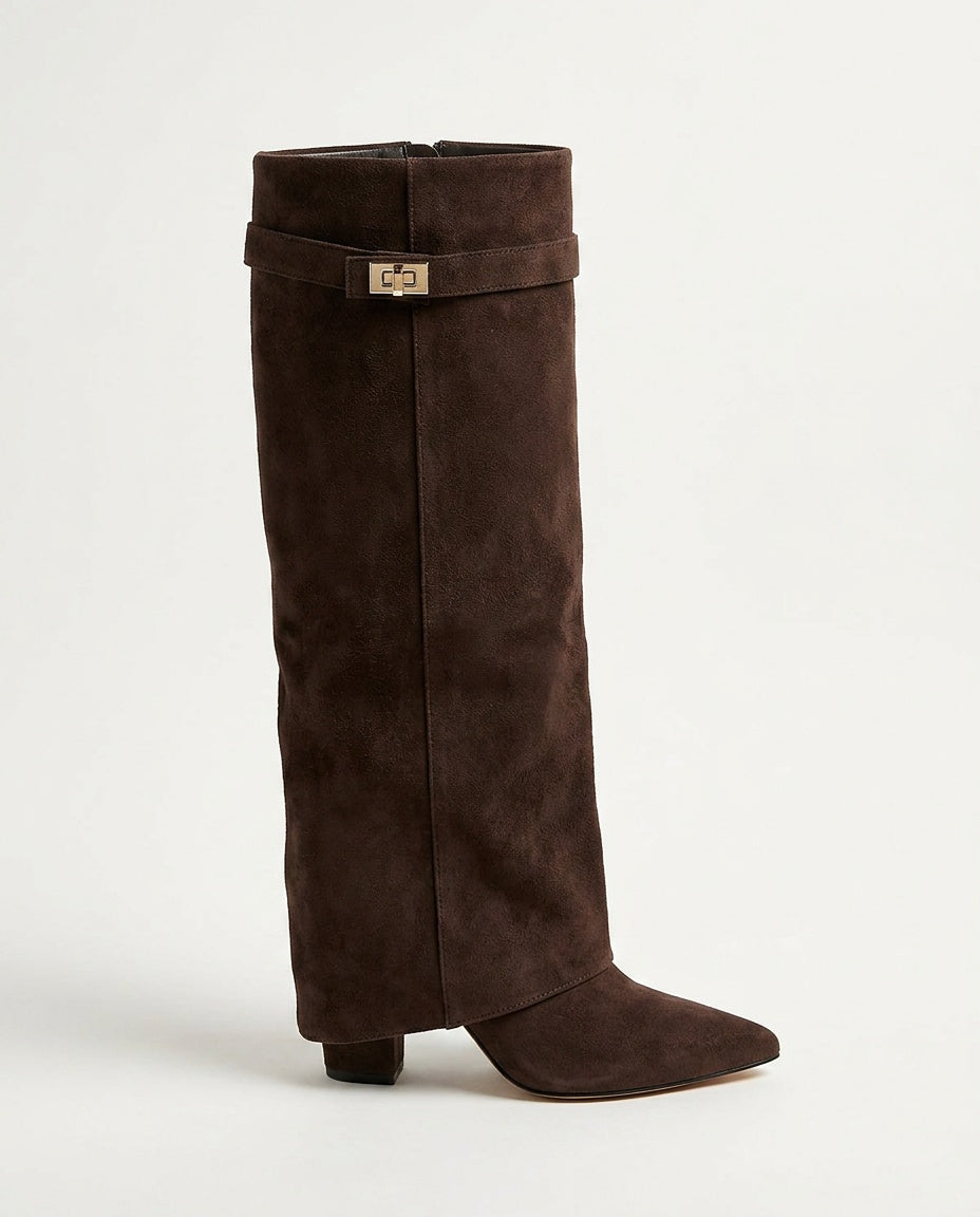 Montleigh | Suede-Look Fold-Over Boots with Golden Detail