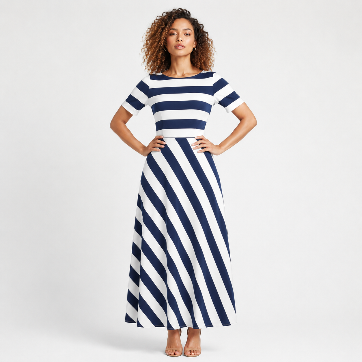 Chloe | Striped A-Line Split Neck Midi Dress