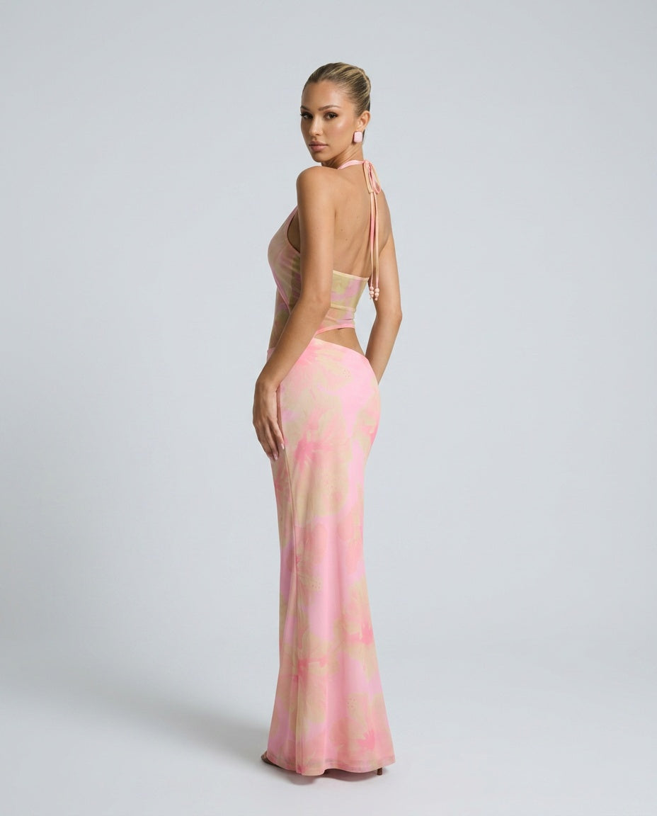 Darya | Halter Neck Floral Mesh Maxi Dress