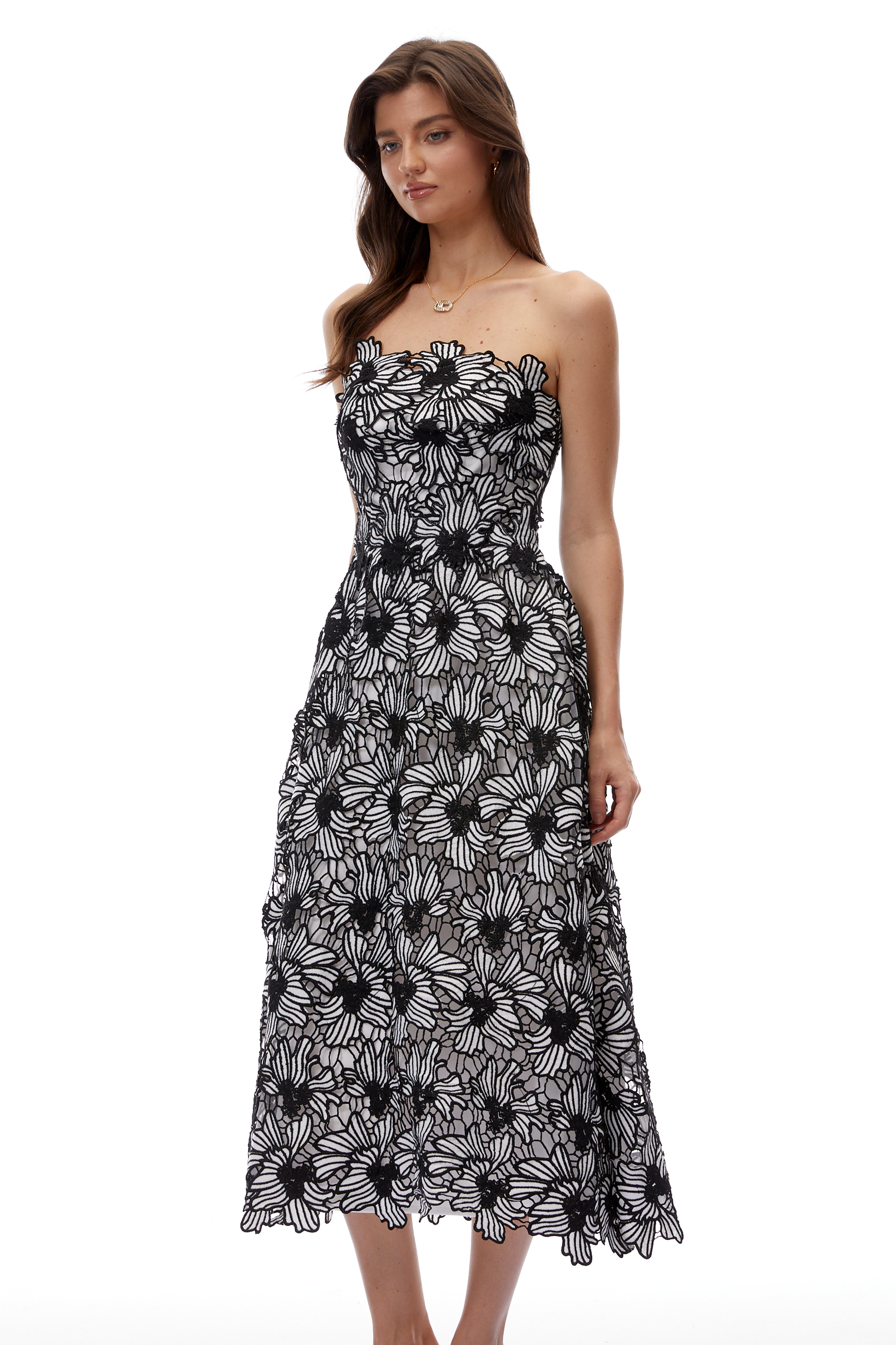 Winnie | Colour Block Floral Embroidered Strapless Midi Dress