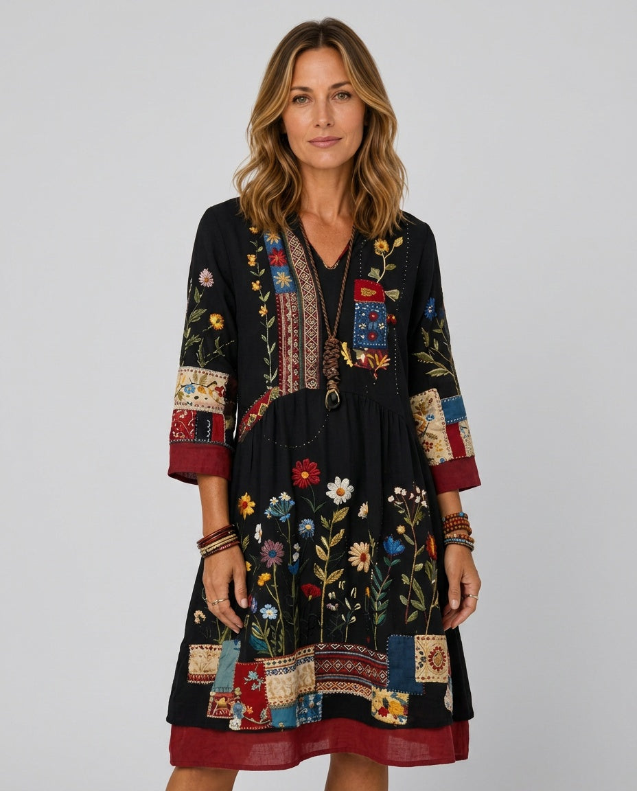 Wren | Embroidered Panel Long Sleeve Midi Dress