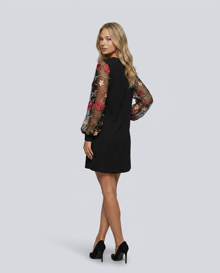 Selene | Floral Embroidered Bishop Sleeve Mini Dress